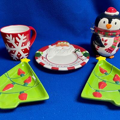 Ceramic Christmas Decor Lot - serving dishes, canister, cup - snowflakes, trees, penguin, Santa