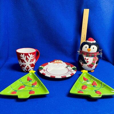 Ceramic Christmas Decor Lot - serving dishes, canister, cup - snowflakes, trees, penguin, Santa
