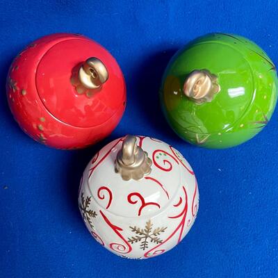 Ceramic Christmas Tree Ball Ornament Canister set of 3, round jars with sealable snap-on hinged lids,