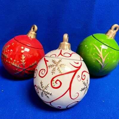 Ceramic Christmas Tree Ball Ornament Canister set of 3, round jars with sealable snap-on hinged lids,