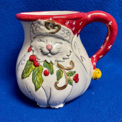 White Cat Cup Mug Heather Goldmine Blue Sky Ceramic Co. Pitcher 2013 Christmas Holiday Decor