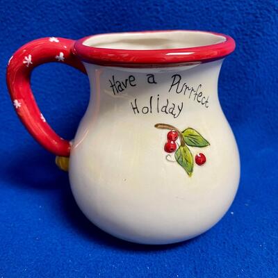 White Cat Cup Mug Heather Goldmine Blue Sky Ceramic Co. Pitcher 2013 Christmas Holiday Decor