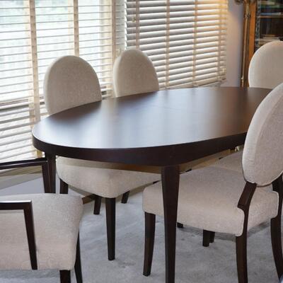 CONTEMPORARY STYLE DINING TABLE W/ SIX CHAIRS /ONE LEAF/UPHOLSTERED CHAIRS.