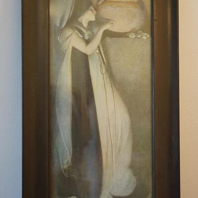 EARLY 1900'S PRINT OF LADY HOLDING VESSEL IN OAK FRAME