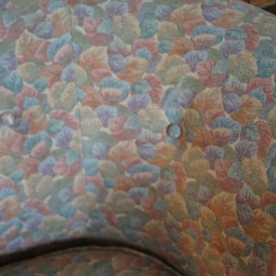 VINTAGE KIDNEY SHAPED LOVESEAT IN PASTEL COLORED FABRIC