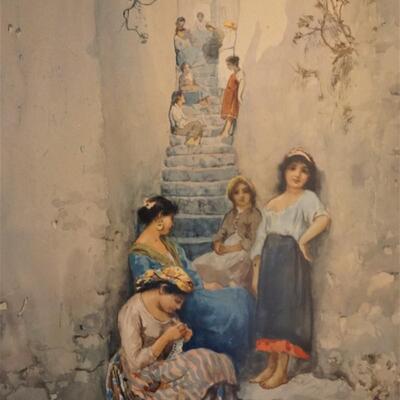 ARNOLDO DE LISIO 1869-1949  WATERCOLOR OF YOUNG WOMEN BY STAIRWELL