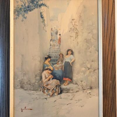 ARNOLDO DE LISIO 1869-1949  WATERCOLOR OF YOUNG WOMEN BY STAIRWELL