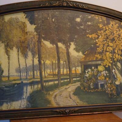 LOUIS SEYBOLD FRAMED LITHOGRAPH IN 1920'S FRAME ROADSIDE BY WATERWAY FLOWER CART