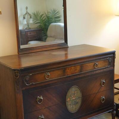1920's  DRESSER WITH MIRROR, MAHOGANY W/ HAND PAINTED FLORAL PANEL ON FRONT