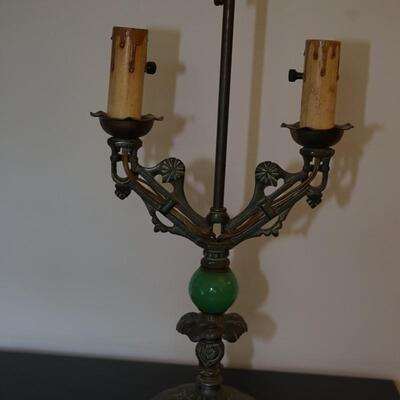 ART DECO TABLE LAMP W/ JADITE GLASS ACCENT. CANDLE FORM SOCKETS.