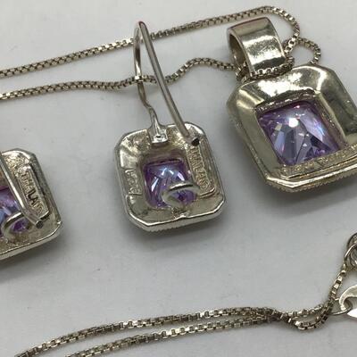 Beautiful 925 Silver Earrings and Pendant and Chain Purple Stones