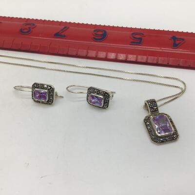 Beautiful 925 Silver Earrings and Pendant and Chain Purple Stones
