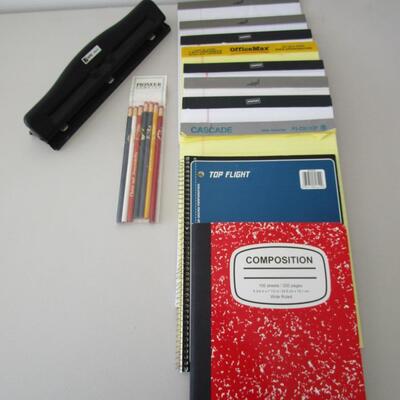 #17 Note pads, hole puncher, pencils
