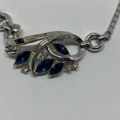 LOTJ22:  Trifari Pat.Pend. Vintage Silver Tone Necklace with Marquis cut Blue Stones, one missing
