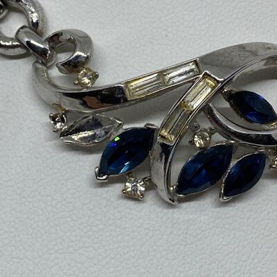 LOTJ22:  Trifari Pat.Pend. Vintage Silver Tone Necklace with Marquis cut Blue Stones, one missing