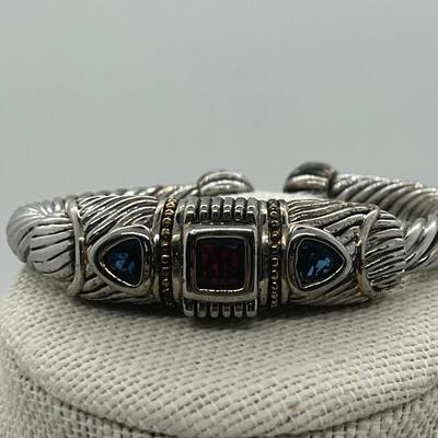 LOTJ86: Designer Mexico Silvertone Hinged Cuff Bracelet with Red and Blue CZs