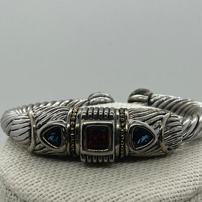LOTJ86: Designer Mexico Silvertone Hinged Cuff Bracelet with Red and Blue CZs