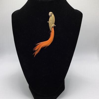 LOTJ122: Hallmarked Vintage Brass Parrot Brooch with Long Feather Tail