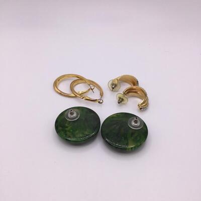 LOTJ154: Three Pair Fashion Earrings Green Plastic, Goldtone, Rhinestones
