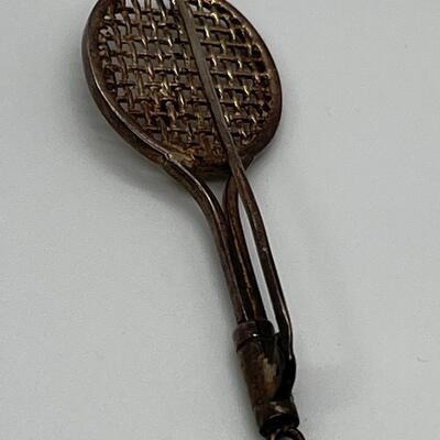 LOTJ166: Sterling Silver Vintage Tennis Racket Brooch with Gold Vermeil Ball Clean it to a silver shine or wear with Vintage Patina