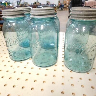 Collection of Six Vintage Ball Jars Blue Color with Zinc Lids