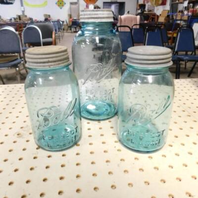Collection of Large Ball Jar and Two Medium Blue Color