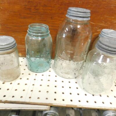 Assortment of Vintage Preserve Jars include Altas Mason, Mom's, and Other