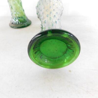 Pair of Peacock Iridescent Green Glass Vases