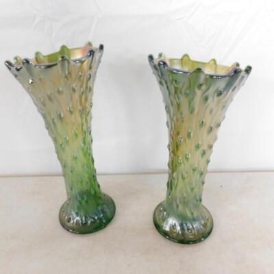 Pair of Peacock Iridescent Green Glass Vases