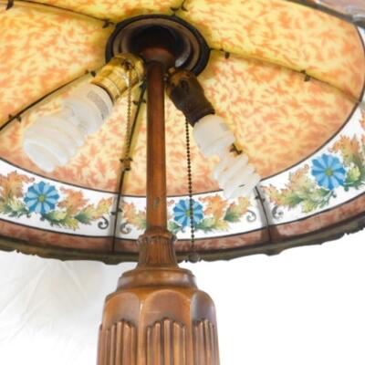 Incredible Vintage Painted Glass Panel Shade Table Lamp with Bronze Base