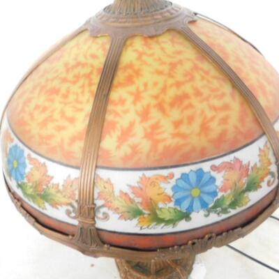Incredible Vintage Painted Glass Panel Shade Table Lamp with Bronze Base