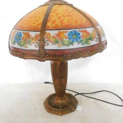 Incredible Vintage Painted Glass Panel Shade Table Lamp with Bronze Base