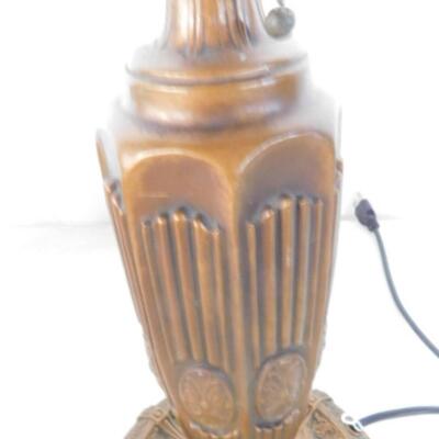 Incredible Vintage Painted Glass Panel Shade Table Lamp with Bronze Base