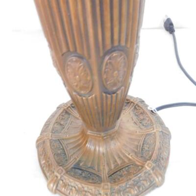 Incredible Vintage Painted Glass Panel Shade Table Lamp with Bronze Base