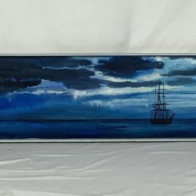850 Mid Century Blue Ship Painting signed Rogers