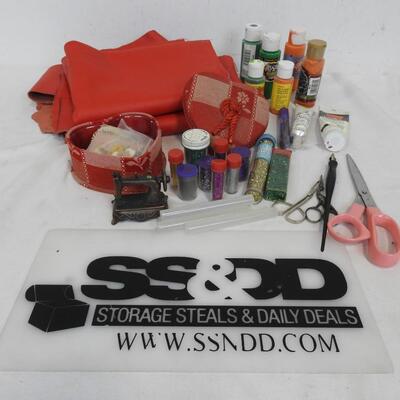Craft Lot: Leather, Paint, Glitter, Glue Sticks, Scissors, Heart Box, Misc Items