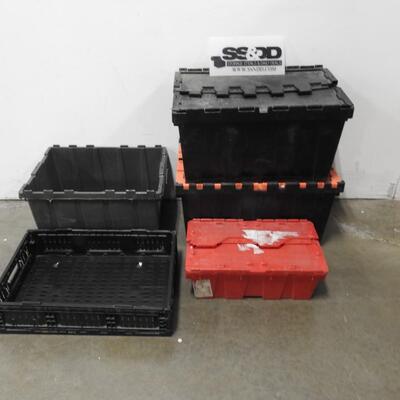 5 Storage Crates: 1 Collapsible, 3 w/ Folding Lids, 1 No Lid, 1 Lid cracked