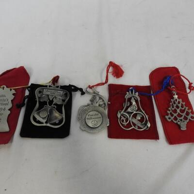 5 Pc Avon Pewter Christmas Ornaments: Dated 1994, 1999,2000,2001 & 2004