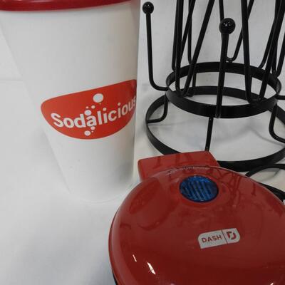 Kitchen Lot: Mug Holder Mugs, Tablecloth,Refillable Cups,Mini Waffle Maker-Works