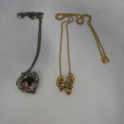 2 Necklaces: Goldtone W/7 Tiny Birthstones & Silvertone W/Heart Photo Pendant