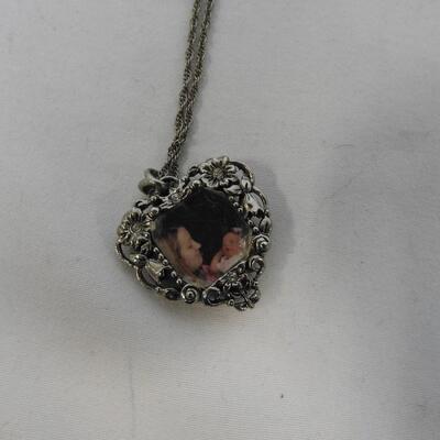 2 Necklaces: Goldtone W/7 Tiny Birthstones & Silvertone W/Heart Photo Pendant