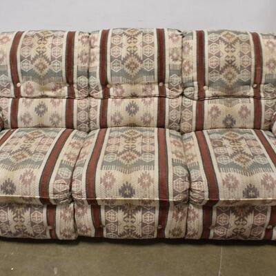 Full Size Couch with Recliners on each end. Tan Brown, Orange Gray, SW Design