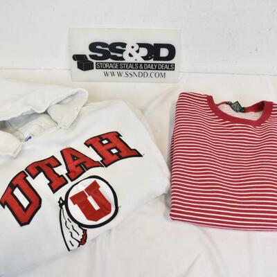 2 Sweatshirts: White UofU Hoodie, & Ralph Lauren Striped Sweatshirt. Both Large