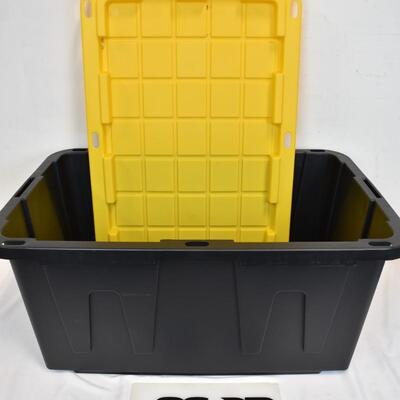 Large Storage Bin, Black w/ Yellow Lid. Tough Box 27 Gallons