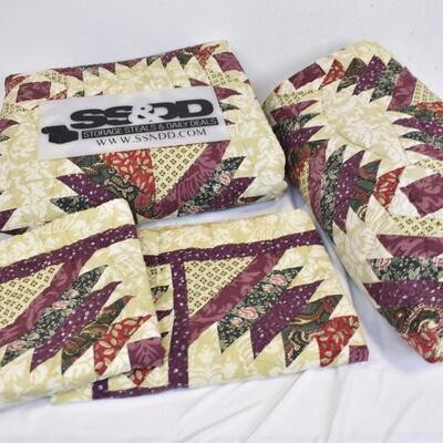 2 Quilted Blankets, 2 Matching Pillow Shams: Maroon, Tan, Green, Twin Size