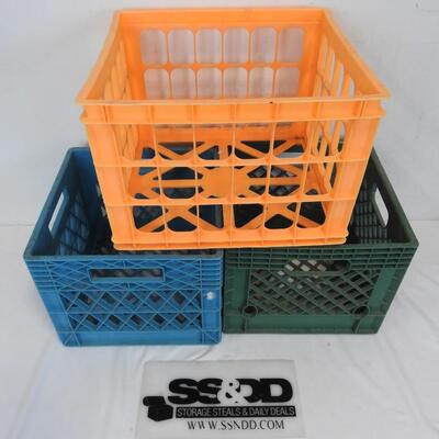 3 Plastic Milk Crates: Blue & Green are square, Orange is rectangle
