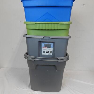 5 Plastic Storage Bins with NO LIDS: 3 Gray, 1 Green, 1 Blue