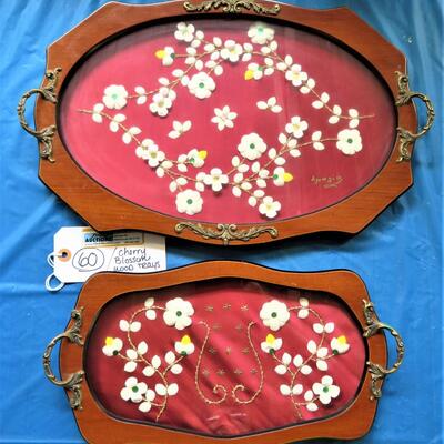 2 SIGNED WOOD TRAYS GLASS TOP Paper Flowers Hand made NP60