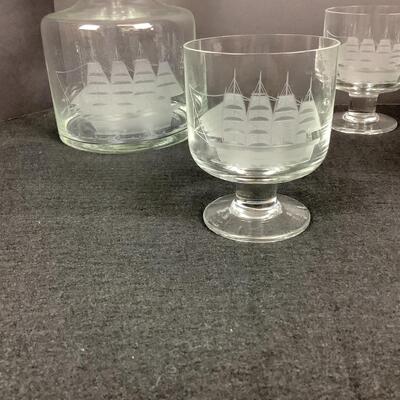 869 Mid Century Ship Etched Glass Decanter Set