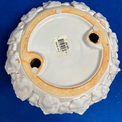 Ceramic White Lotus Candleholder w Spiky Artichoke-like Petals on Wood Pedestal